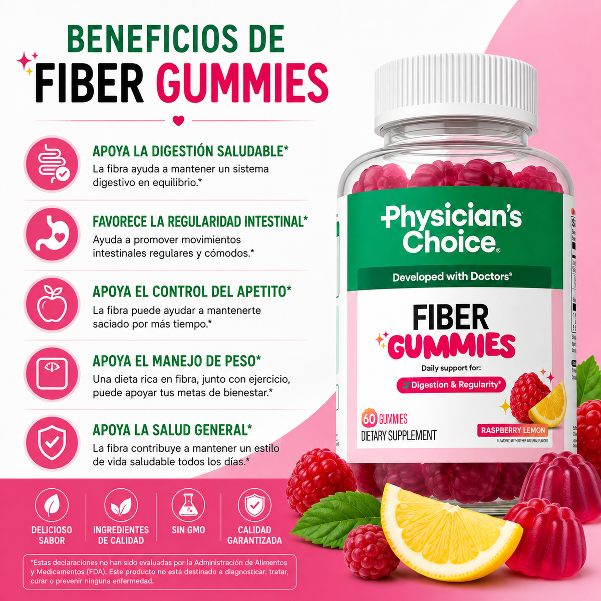 Gomitas de Fibra Prebiótica | 60 Gomitas Sabor Frambuesa Limón | Physician's Choice