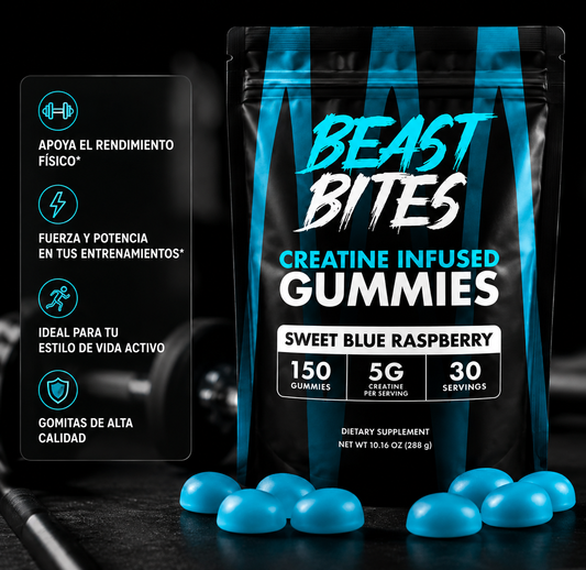 Creatina Gomitas Beast Bites | 150 Gomitas | Sabor Sweet Blue Raspberry | Suplemento Alimenticio